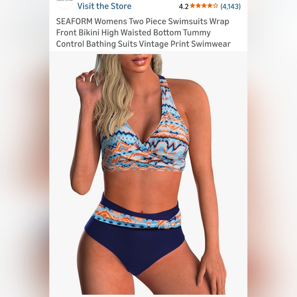 Blue & Multi Two-Piece High-Waist Swim Set B-21